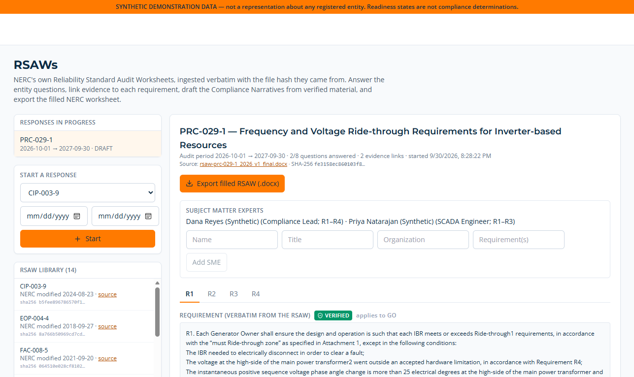 A PRC-029-1 RSAW response: the requirement verbatim from NERC's own worksheet with its source file hash, the subject matter experts, and the export back to the filled NERC document.
